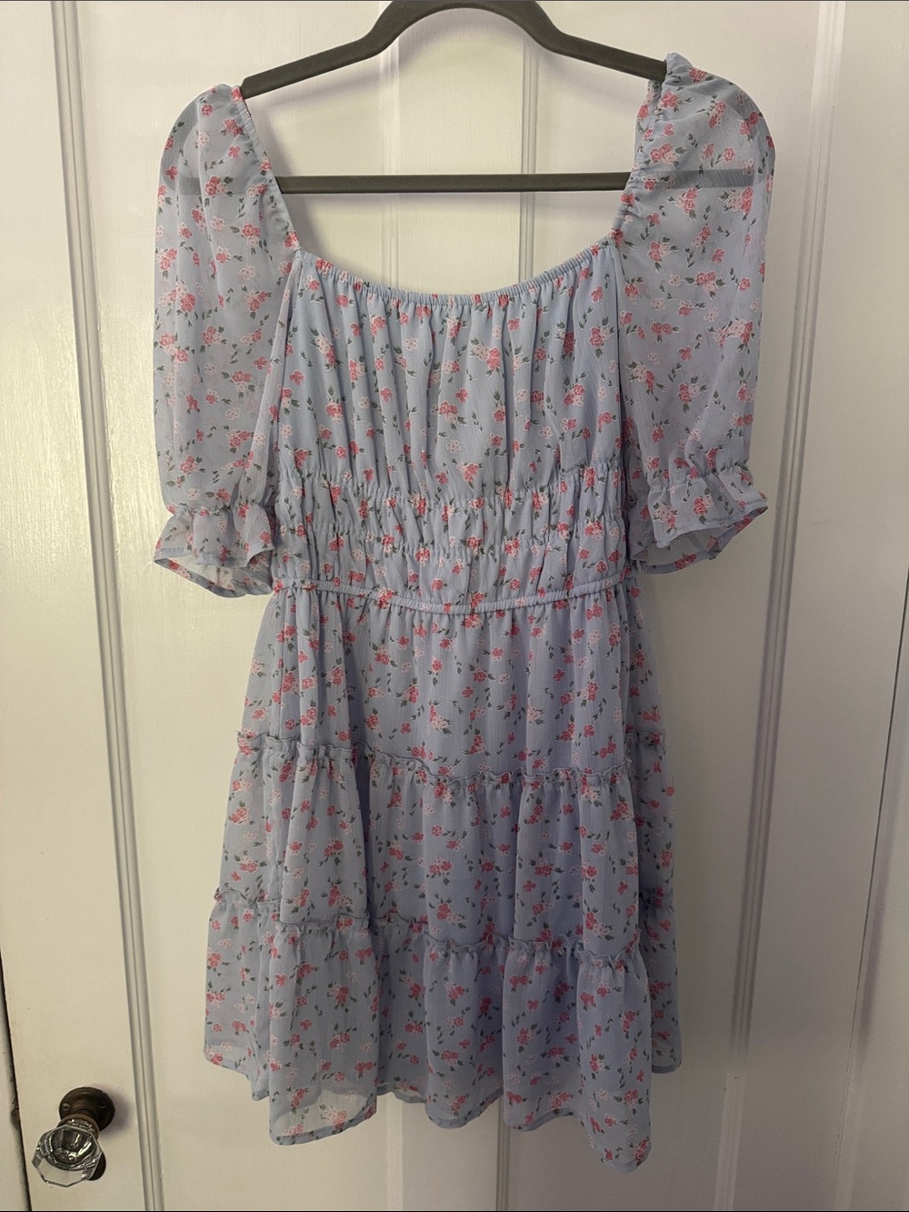 Trixxi Light Blue Floral Tiered Dress with Puff Sleeves